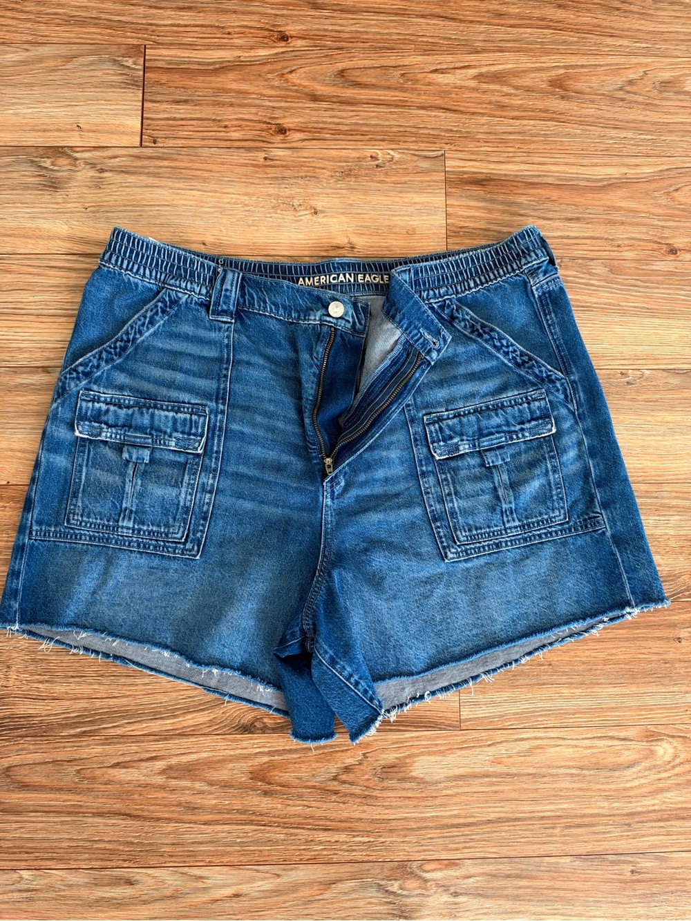 American Eagle Outfitters Blue Denim Cargo Shorts with Elastic Waist